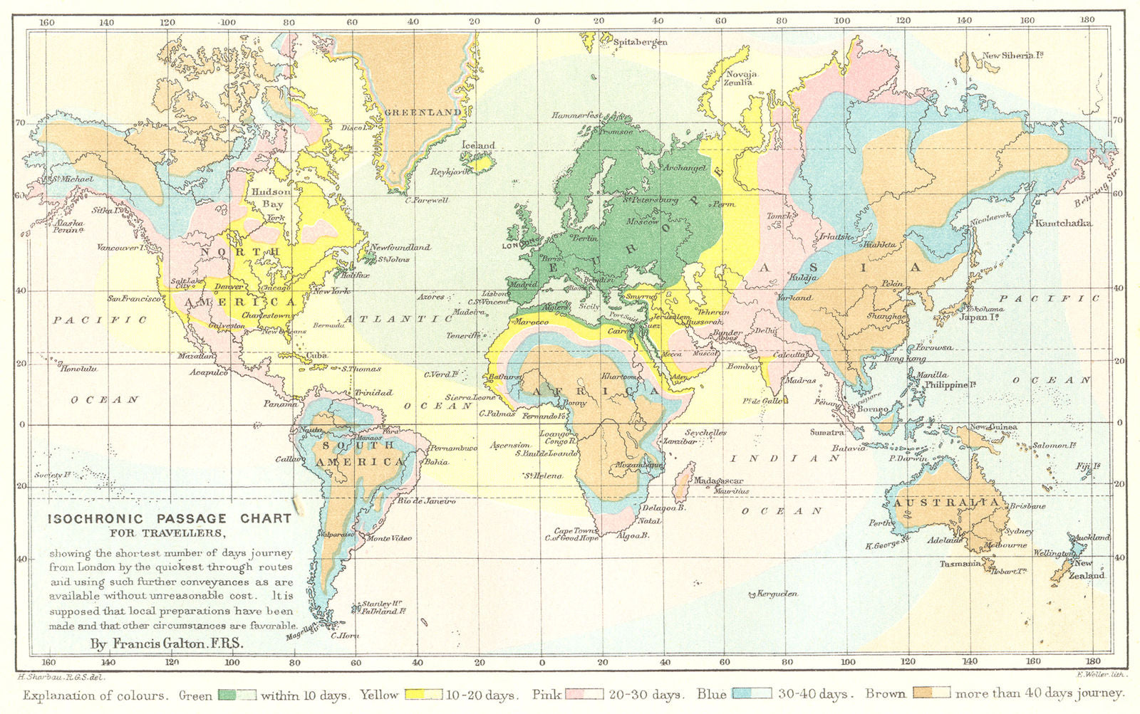 WORLD. Isochronic travel map showing days travel from London. Galton. RGS 1881